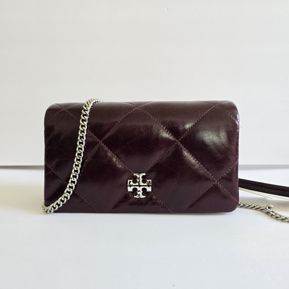 Tory Burch Kira Diamond Distressed Leather Chain Wallet Dark Carmine - Picture 7 of 14